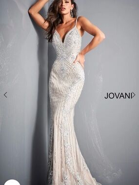 Jovani Silver Ivory Embellished Strapless Illusion Gown